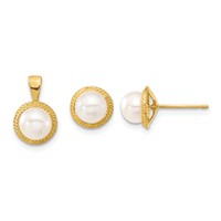 14K Yellow Gold 5-6mm White Button Freshwater Cultured Pearl Post Earrings and Pendant Set view 1