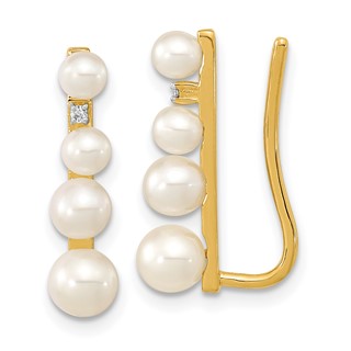 14k 3-5mm Freshwater Cultured Pearl and .016 carat Diamond Ear Climber Earrings