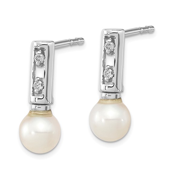14k White Gold 3-4mm White Round Freshwater Cultured Pearl and .02 carat Diamond Bar Post Earrings