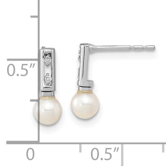 14k White Gold 3-4mm White Round Freshwater Cultured Pearl and .02 carat Diamond Bar Post Earrings