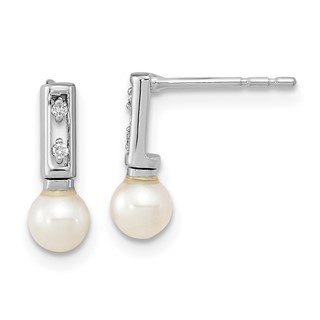 14k White Gold 3-4mm White Round Freshwater Cultured Pearl and .02 carat Diamond Bar Post Earrings