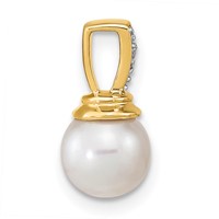14K Yellow Gold 6-7mm Button White Freshwater Cultured Pearl and Diamond Pendant view 2