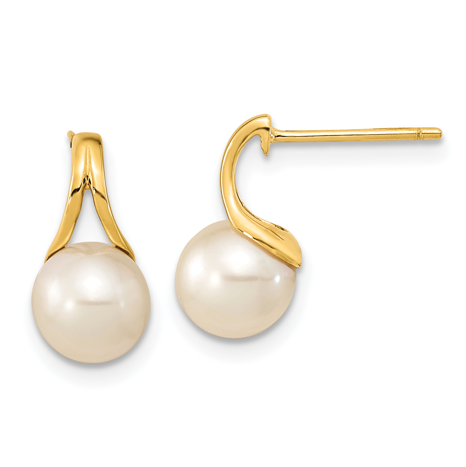 14K 7-8mm White Round Freshwater Cultured Pearl Post Earrings (XF640E)