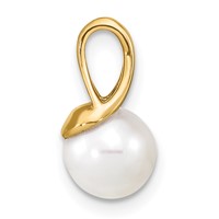 14K Yellow Gold 7-8mm White Round Freshwater Cultured Pearl Polished Pendant view 2