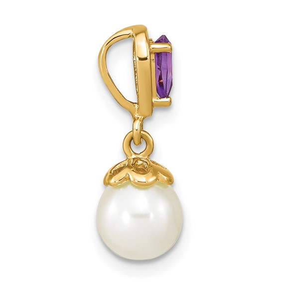 14K 7-8mm Round White Freshwater Cultured Pearl and Pear Amethyst Chain Slide