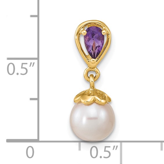 14K 7-8mm Round White Freshwater Cultured Pearl and Pear Amethyst Chain Slide