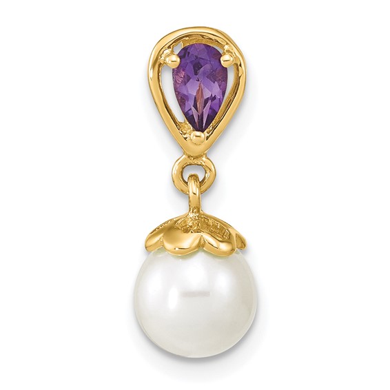14K 7-8mm Round White Freshwater Cultured Pearl and Pear Amethyst Chain Slide