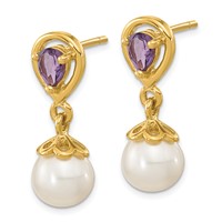 14K Yellow Gold 6-7mm White Round Freshwater Cultured Pearl and 3.08AM Pear Amethyst Post Dangle Earrings view 2