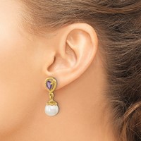14K Yellow Gold 6-7mm White Round Freshwater Cultured Pearl and 3.08AM Pear Amethyst Post Dangle Earrings view 3