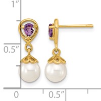 14K Yellow Gold 6-7mm White Round Freshwater Cultured Pearl and 3.08AM Pear Amethyst Post Dangle Earrings view 4