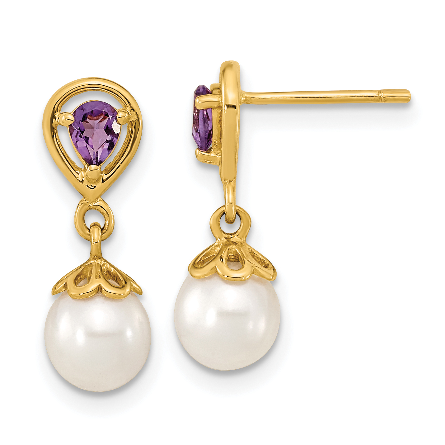 14K 6-7mm White Round FWC Pearl Amethyst Post Dangle Earrings (XF643AM)