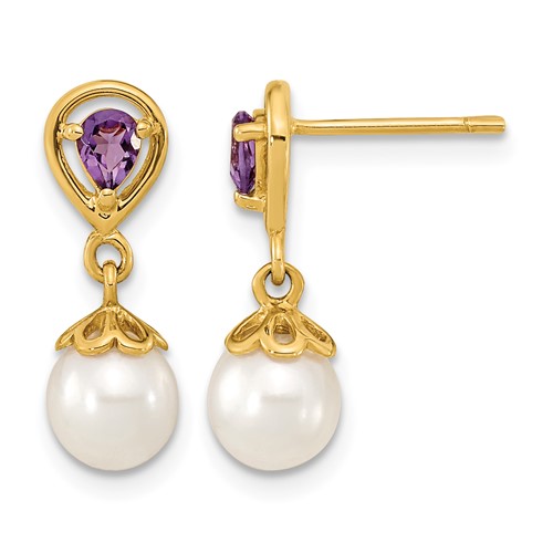 14K Yellow Gold 6-7mm White Round Freshwater Cultured Pearl and 3.08AM Pear Amethyst Post Dangle Earrings