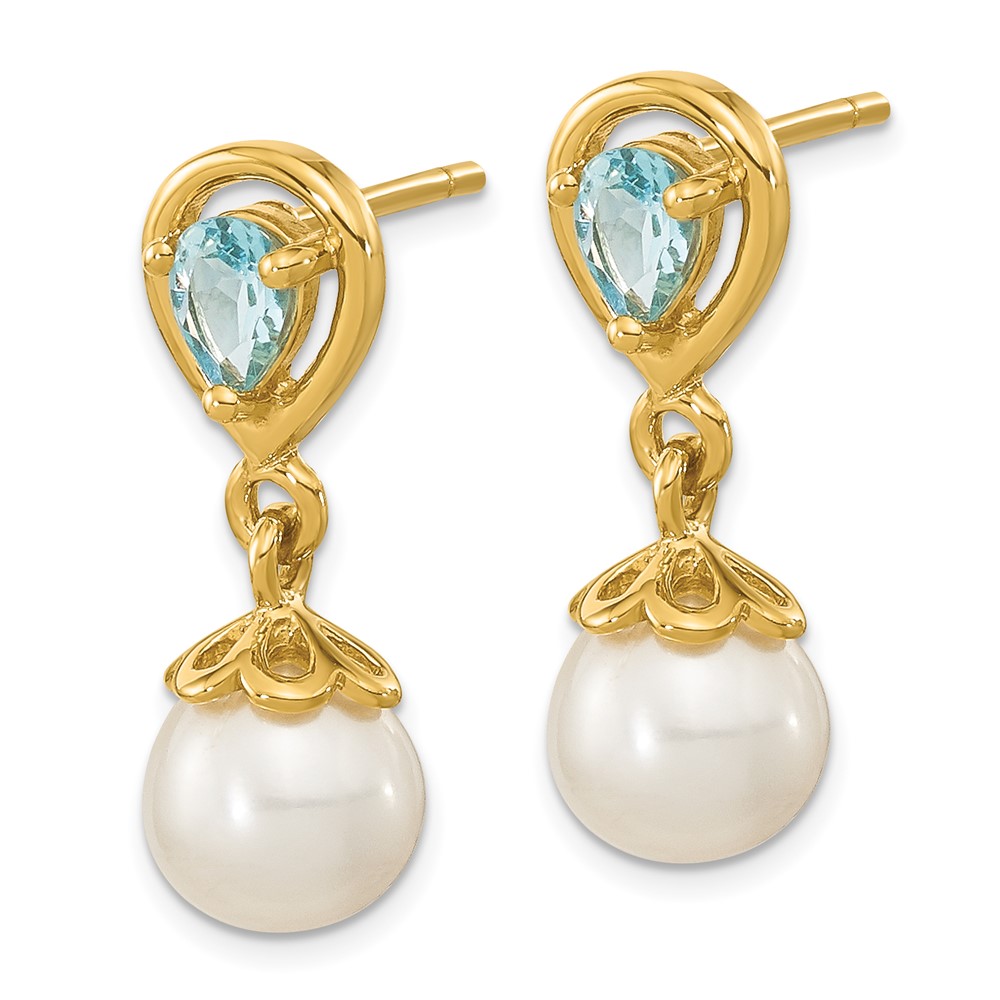 14K 6-7mm FWC Pearl Light Swiss Blue Topaz Dangle Post Earrings (XF643BT)