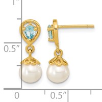 14K Yellow Gold 6-7mm White Round Freshwater Cultured Pearl and 3.14BT Pear Light Swiss Blue Topaz Dangle Post Earrings view 4