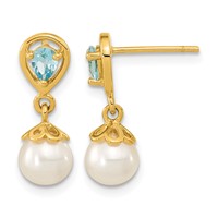 14K Yellow Gold 6-7mm White Round Freshwater Cultured Pearl and 3.14BT Pear Light Swiss Blue Topaz Dangle Post Earrings view 1