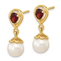 14K Yellow Gold 6-7mm White Round Freshwater Cultured Pearl and 3.20GA Pear Mozambique Garnet Dangle Post Earrings view 2