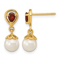 14K Yellow Gold 6-7mm White Round Freshwater Cultured Pearl and 3.20GA Pear Mozambique Garnet Dangle Post Earrings view 1