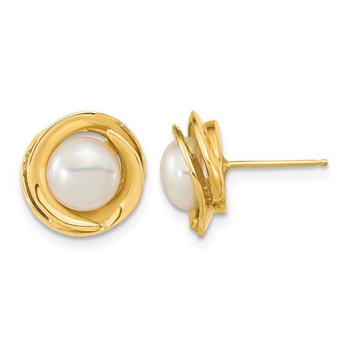 14K Yellow Gold 6-7mm White Button Freshwater Cultured Pearl Post Earrings