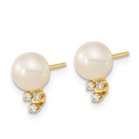 14K Yellow Gold 6-7mm White Round Freshwater Cultured Pearl and.06 Carat Diamond Post Earrings view 2
