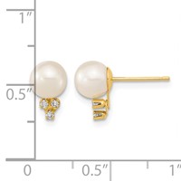 14K Yellow Gold 6-7mm White Round Freshwater Cultured Pearl and.06 Carat Diamond Post Earrings view 4