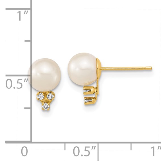 14k 6-7mm White Round Freshwater Cultured Pearl and .06 Carat Diamond Post Earrings