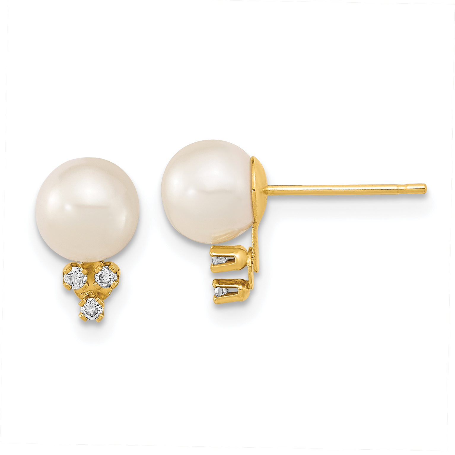 14k 6-7mm White Round Freshwater Cultured Pearl and .06 Carat Diamond Post Earrings (XF647E)