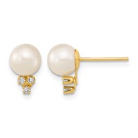 14K Yellow Gold 6-7mm White Round Freshwater Cultured Pearl and.06 Carat Diamond Post Earrings view 1