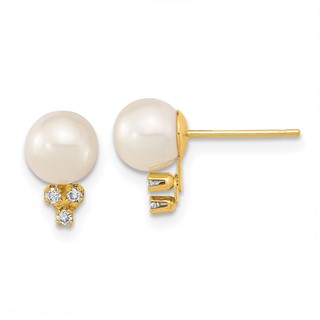 14k 6-7mm White Round Freshwater Cultured Pearl and .06 Carat Diamond Post Earrings