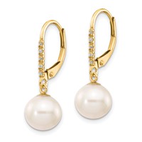 14K Yellow Gold 8-9mm White Round Freshwater Cultured Pearl and.05 Carat Diamond Dangle Leverback Earrings view 2