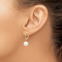 14K Yellow Gold 8-9mm White Round Freshwater Cultured Pearl and.05 Carat Diamond Dangle Leverback Earrings view 3