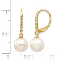14K Yellow Gold 8-9mm White Round Freshwater Cultured Pearl and.05 Carat Diamond Dangle Leverback Earrings view 4