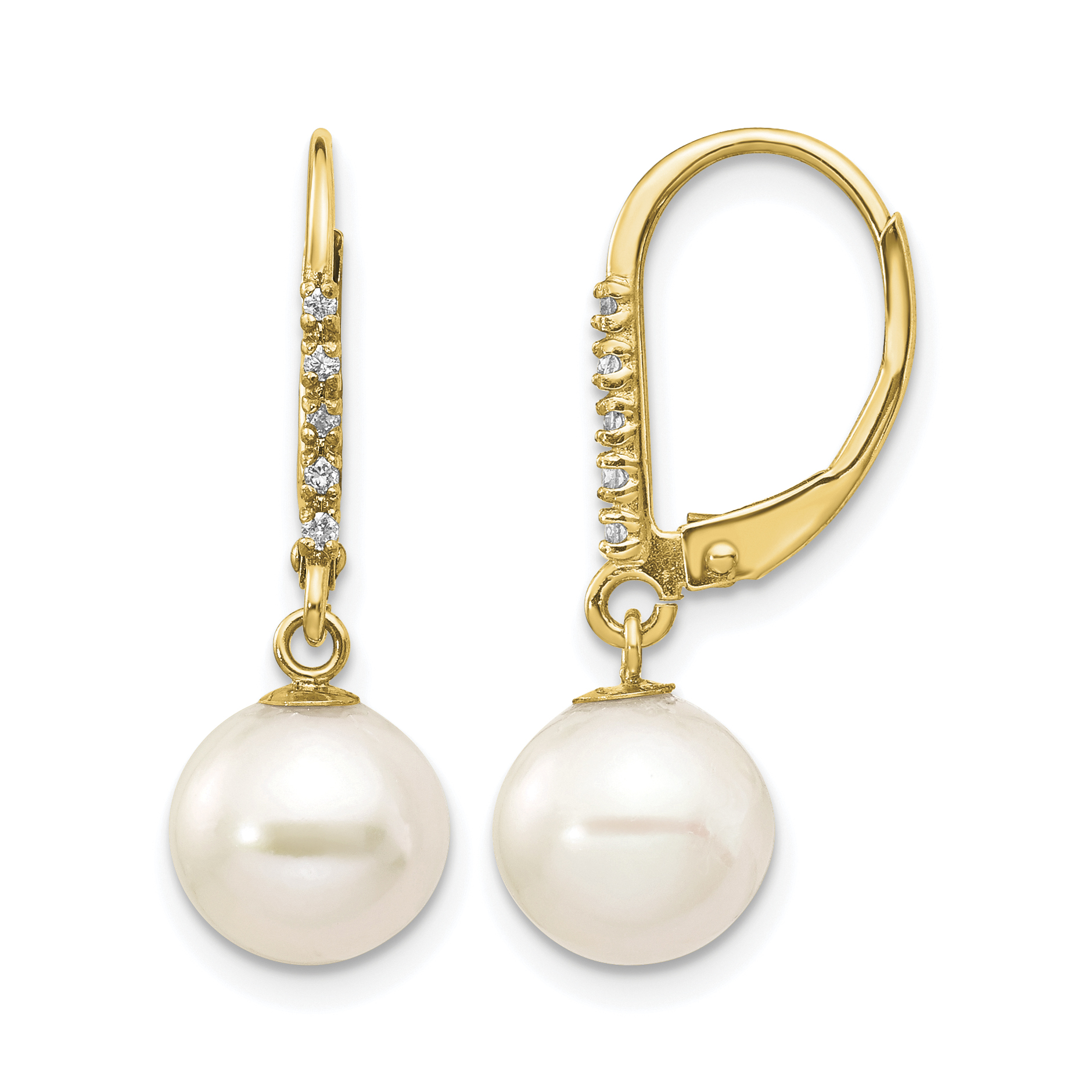 14k 8-9mm White Round Freshwater Cultured Pearl and .05 Carat Diamond Dangle Leverback Earrings (XF649E)