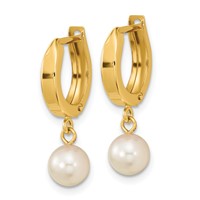14K Yellow Gold 6-7mm White Round Akoya Saltwater Cultured Pearl Dangle Hinged Hoop Earrings view 2