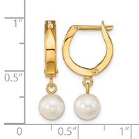 14K Yellow Gold 6-7mm White Round Akoya Saltwater Cultured Pearl Dangle Hinged Hoop Earrings view 4