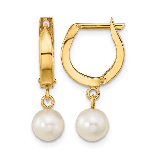 14K Yellow Gold 6-7mm White Round Akoya Saltwater Cultured Pearl Dangle Hinged Hoop Earrings