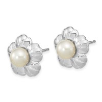 14K White Gold 5-6mm White Button Freshwater Cultured Pearl Flower Post Earrings view 2