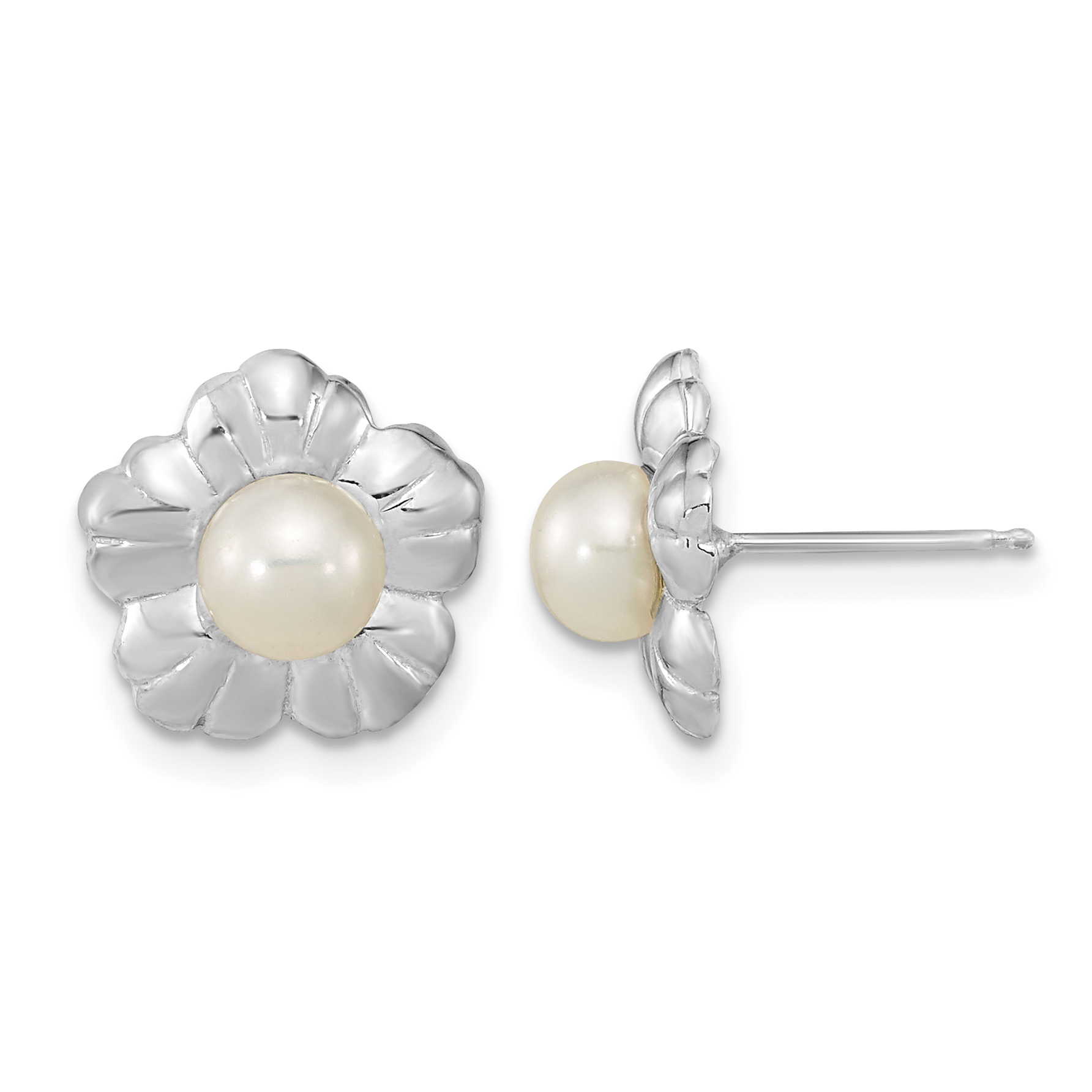 14k White Gold 5-6mm White Button Freshwater Cultured Pearl Flower Post Earrings (XF651E)