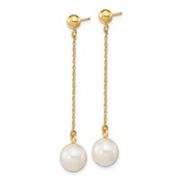 14K Yellow Gold 7-8mm White Round Freshwater Cultured Pearl Chain Dangle Post Earrings view 2