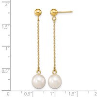 14K Yellow Gold 7-8mm White Round Freshwater Cultured Pearl Chain Dangle Post Earrings view 4
