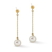 14K Yellow Gold 7-8mm White Round Freshwater Cultured Pearl Chain Dangle Post Earrings view 5