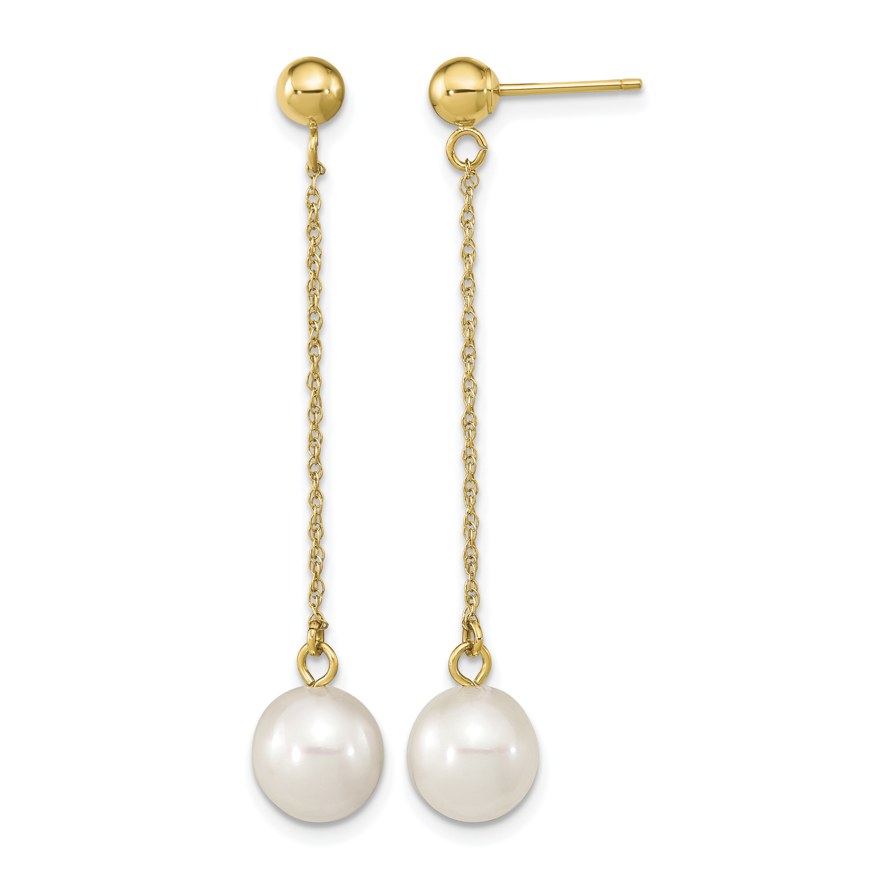 14k 7-8mm White Round Freshwater Cultured Pearl Post Dangle Earrings (XF652E)