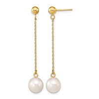 14K Yellow Gold 7-8mm White Round Freshwater Cultured Pearl Chain Dangle Post Earrings view 1