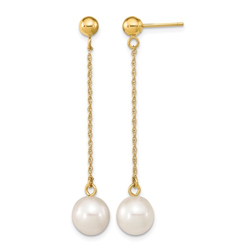 14K Yellow Gold 7-8mm White Round Freshwater Cultured Pearl Chain Dangle Post Earrings