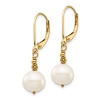 14K Yellow Gold 8-9mm White Near-Round Freshwater Cultured Pearl Dangle Leverback Earrings view 2