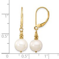 14K Yellow Gold 8-9mm White Near-Round Freshwater Cultured Pearl Dangle Leverback Earrings view 4