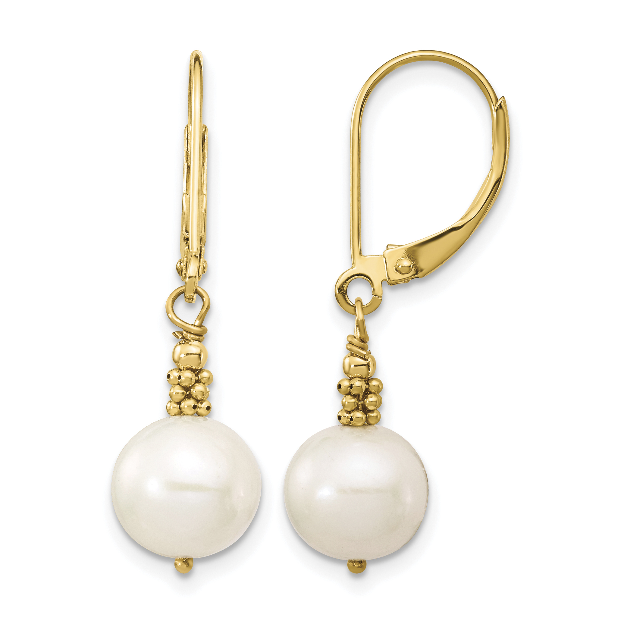 14k 8-9mm White Near-Round Freshwater Cultured Pearl Dangle Leverback Earrings (XF654E)