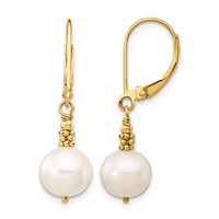 14K Yellow Gold 8-9mm White Near-Round Freshwater Cultured Pearl Dangle Leverback Earrings view 1