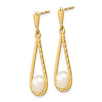 14K Yellow Gold 5-6mm White Rice Freshwater Cultured Pearl Post Dangle Earrings view 2
