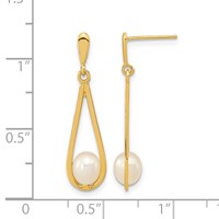 14K Yellow Gold 5-6mm White Rice Freshwater Cultured Pearl Post Dangle Earrings view 4
