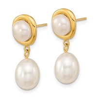 14K Yellow Gold 5-7mm White Button and Rice Freshwater Cultured Pearl Post Dangle Earrings view 2